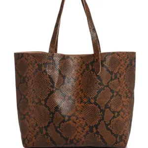 Brown Leather Tote Bag Snake Print Party