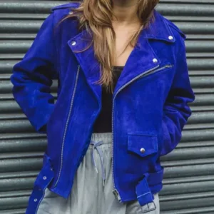 Blue Suede Leather Lambskin Women Biker Winter Jacket