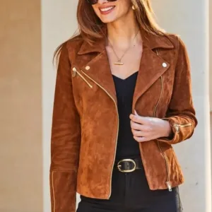 Motorcycle Biker Suede Leather Lambskin Women Jacket Winter Tan