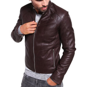 Men Jacket Lambskin Leather Brown Biker