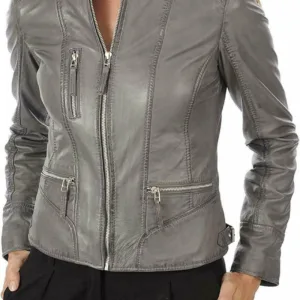 Women Genuine Leather Motorcycle Jacket Gray