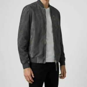 Suede Leather Men's Bomber Jacket Gray