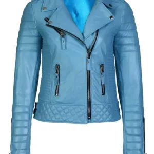 Women Biker Jacket Motorcycle Sky Blue Winter