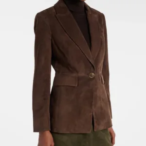 Women Brown Suede Leather Blazer Pure Lambskin