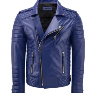 Men Biker Blue Lambskin  Leather Jacket