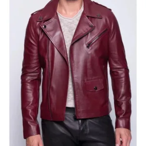 Men Biker Jacket Lambskin Leather Burgundy