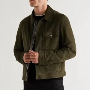 Men Suede Leather Green Shirt Jacket