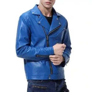 Men Lambskin Leather Jacket Biker Blue