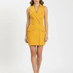 Yellow Women Sleeveless Leather Dress